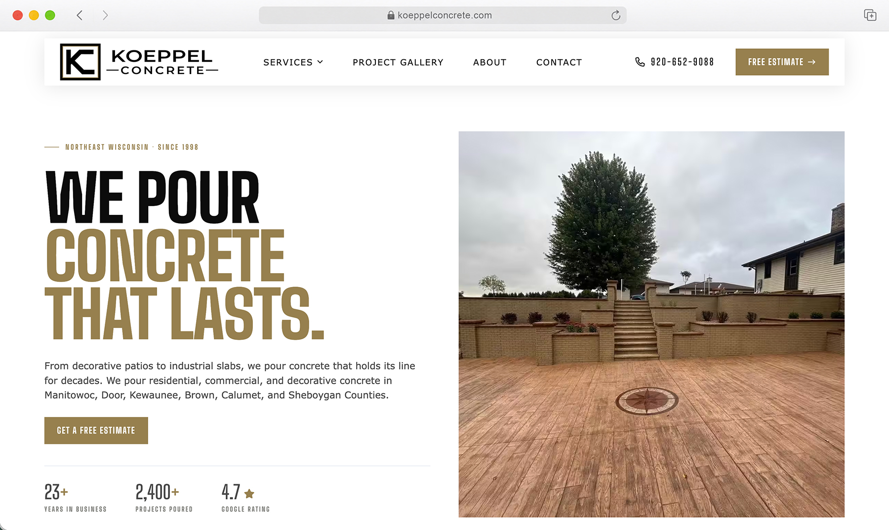 Koeppel Concrete website homepage with stamped concrete patio