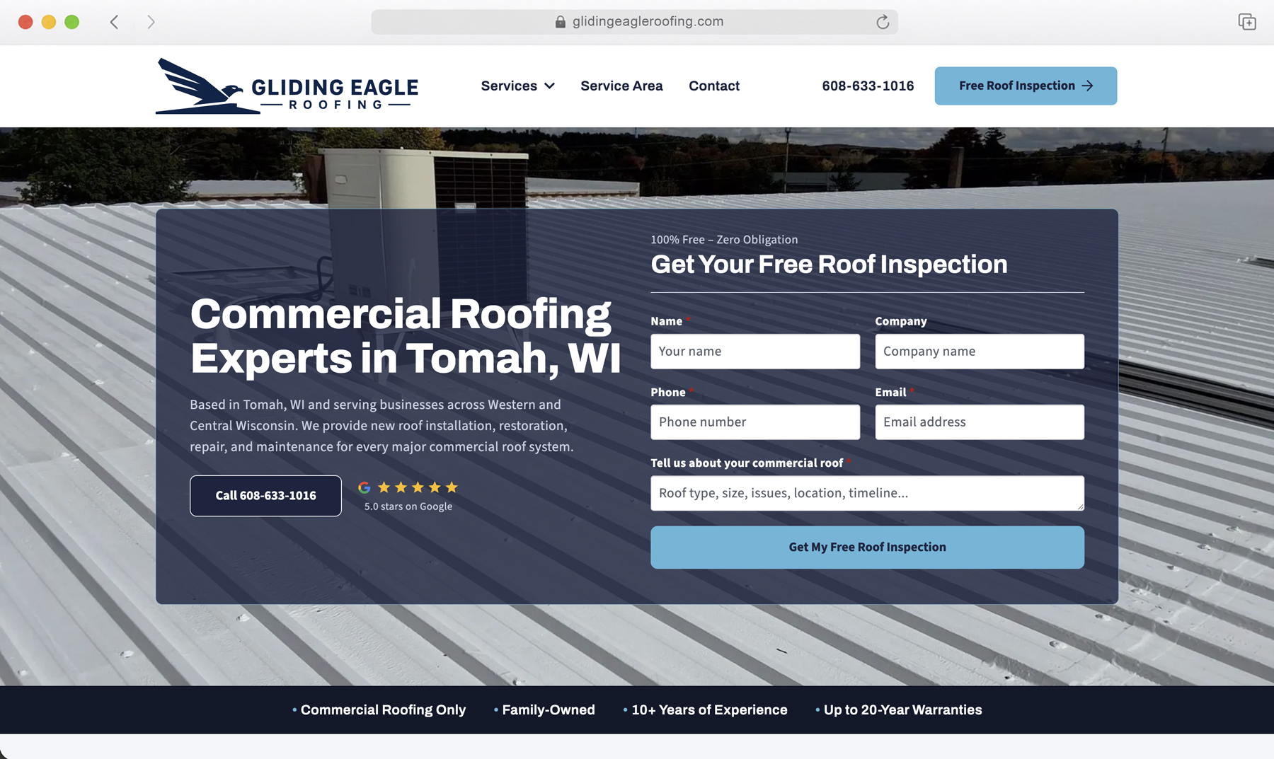 Gliding Eagle Roofing website homepage for Tomah, WI