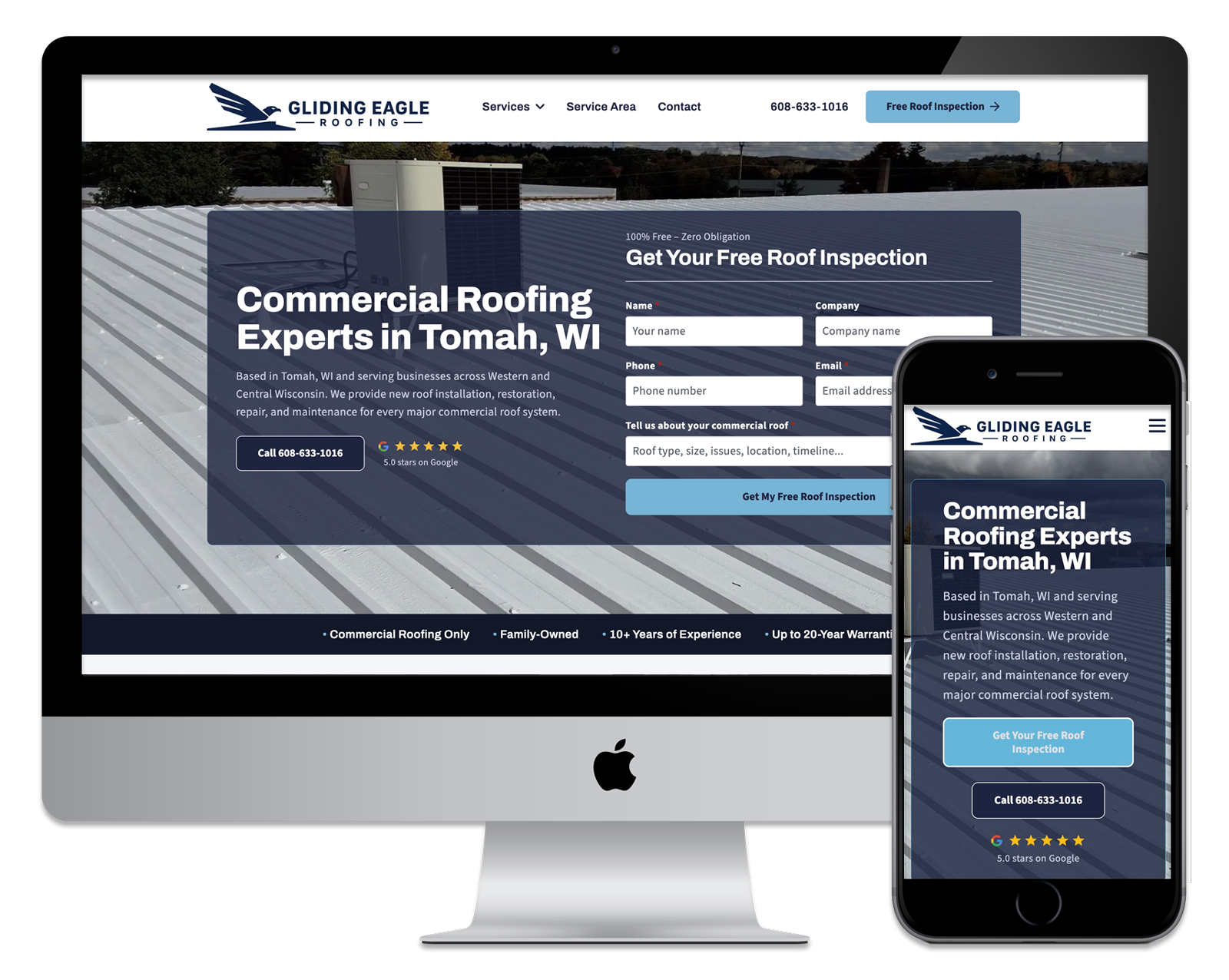 Gliding Eagle Roofing website on desktop and mobile