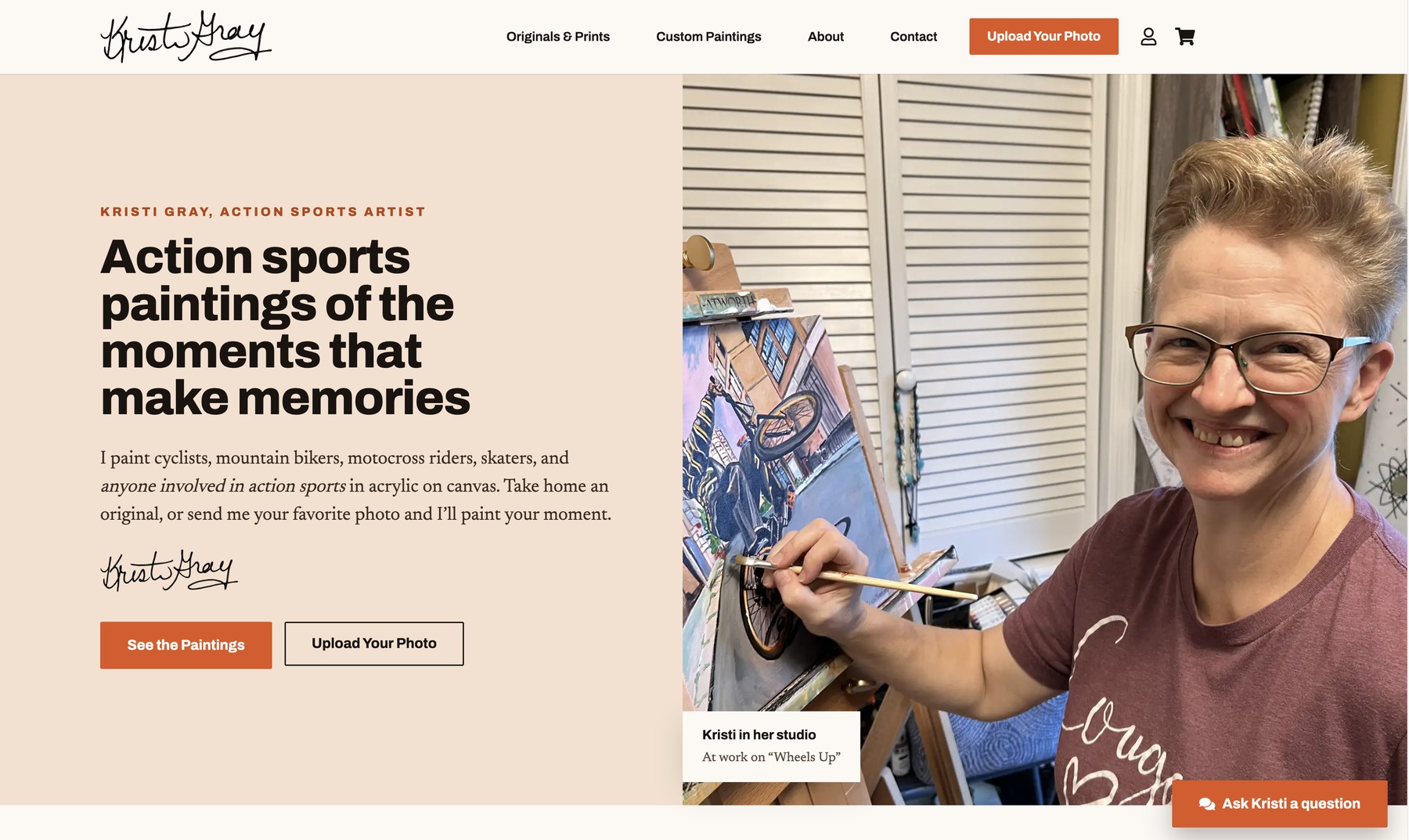 Kristi Gray website homepage with action sports paintings and custom painting orders